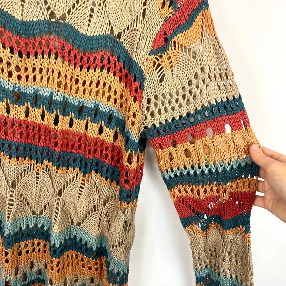 Umgee Multicolor Crochet Stripe Pullover Sweater With Scalloped Hem - Picture 10 of 12